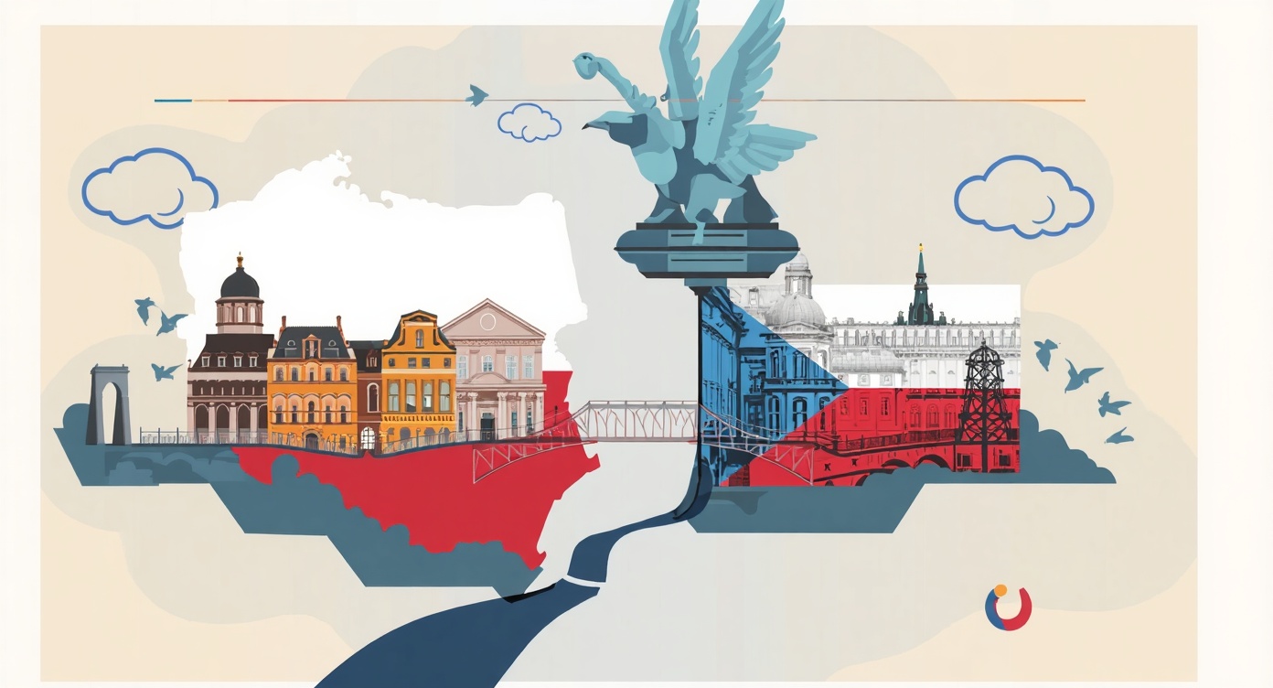 grafika z flagami polską i czeską oraz ilustracją infrastruktury miejskiej zbliżonej do polskich i czeskich miast
