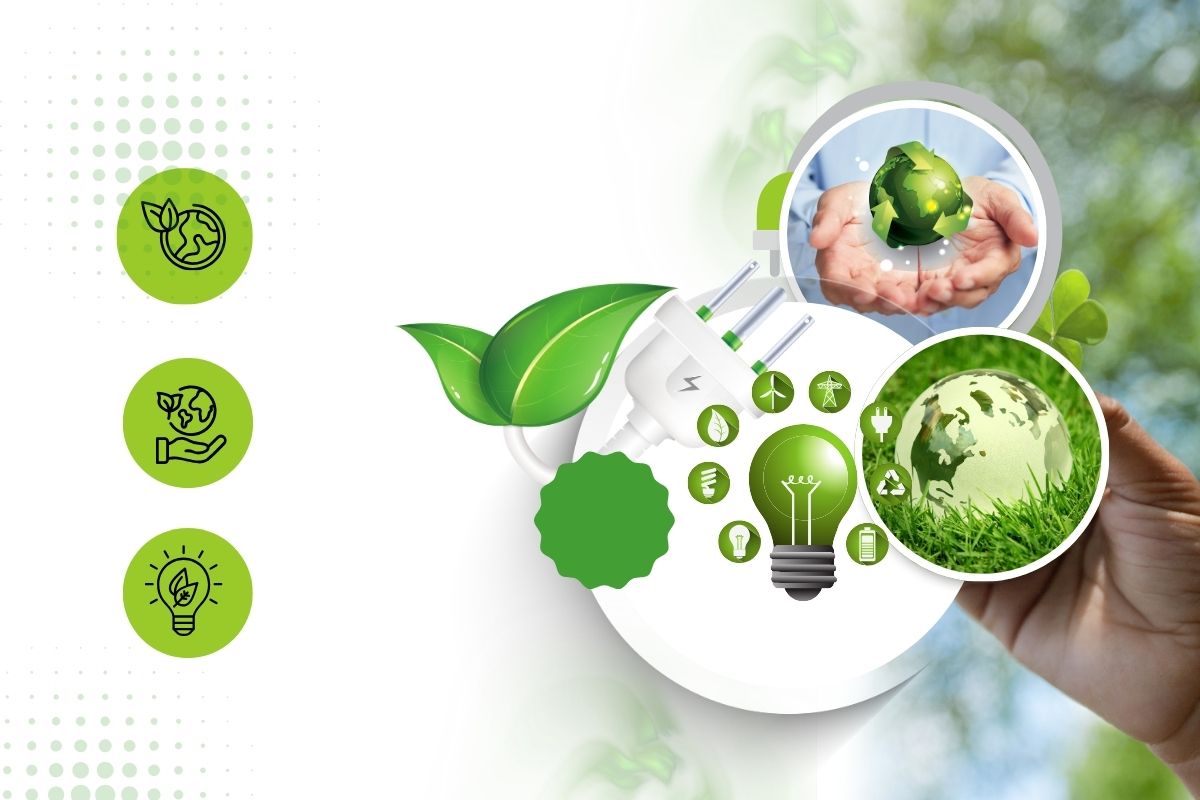 plakat o OZE, symbole żarówki, świata, dłoni